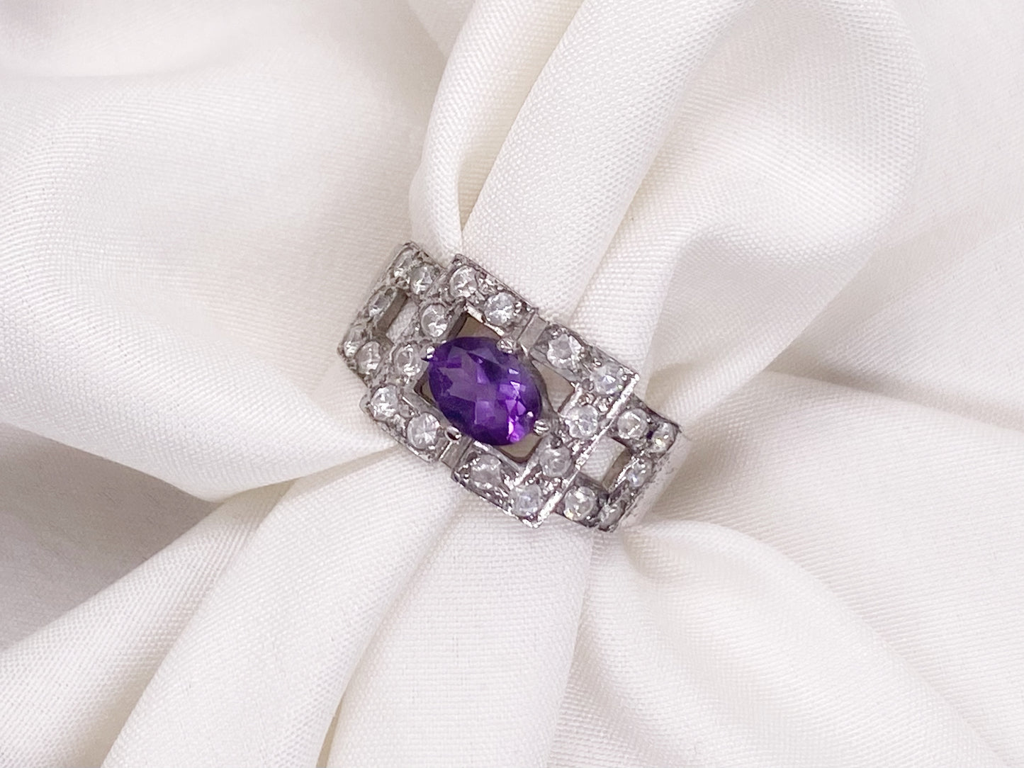 Amethyst Ring set in 925 Silver with Platinum/Rhodium Plating with Moissanite/CZ