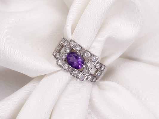 Amethyst Ring set in 925 Silver with Platinum/Rhodium Plating with Moissanite/CZ