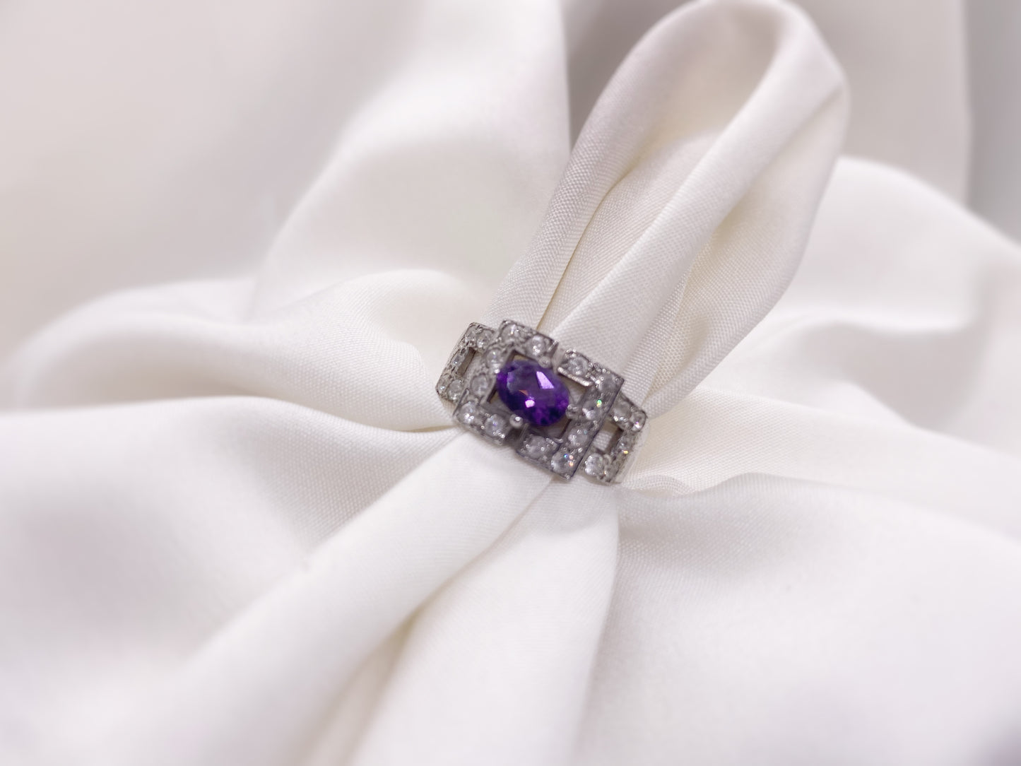 Amethyst Ring set in 925 Silver with Platinum/Rhodium Plating with Moissanite/CZ