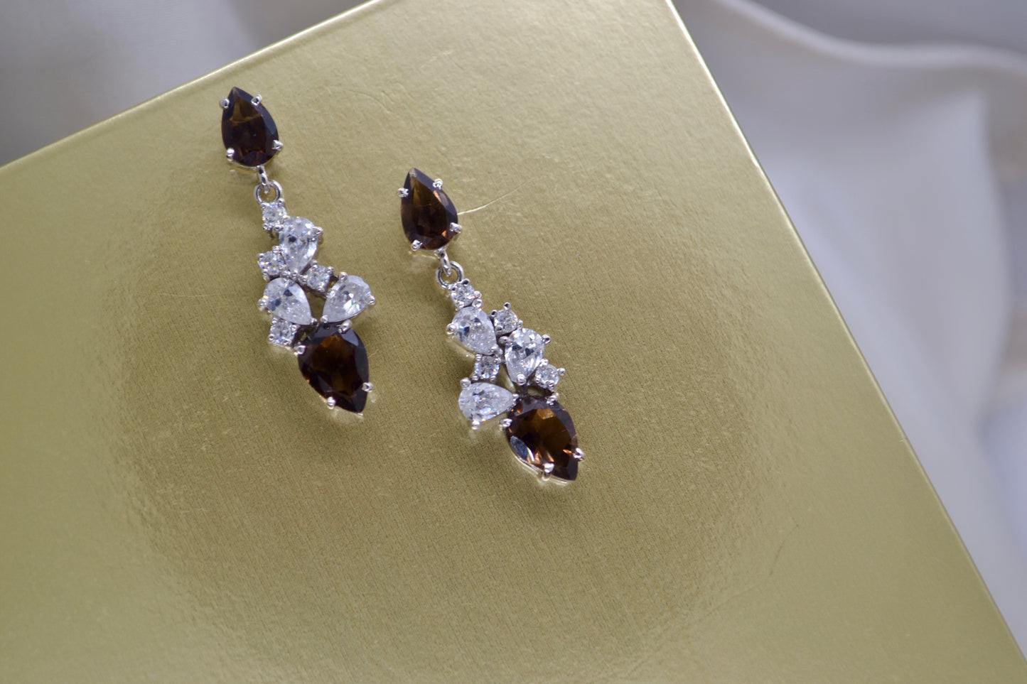 Smokey Topaz and Moissanite/CZ Drop Earrings