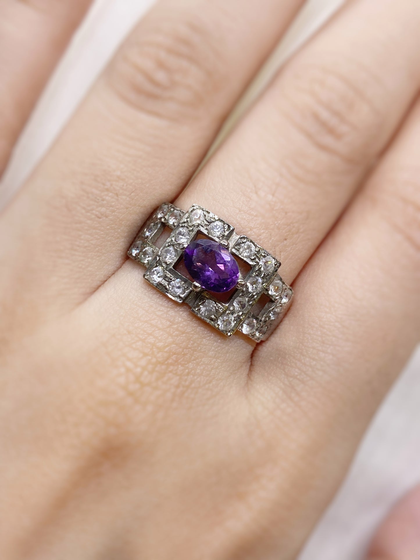 Amethyst Ring set in 925 Silver with Platinum/Rhodium Plating with Moissanite/CZ