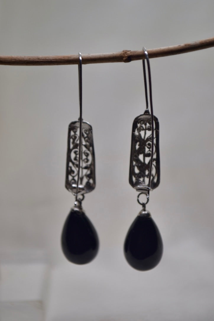 Black Coated Pearl Filigree Drop Earrings