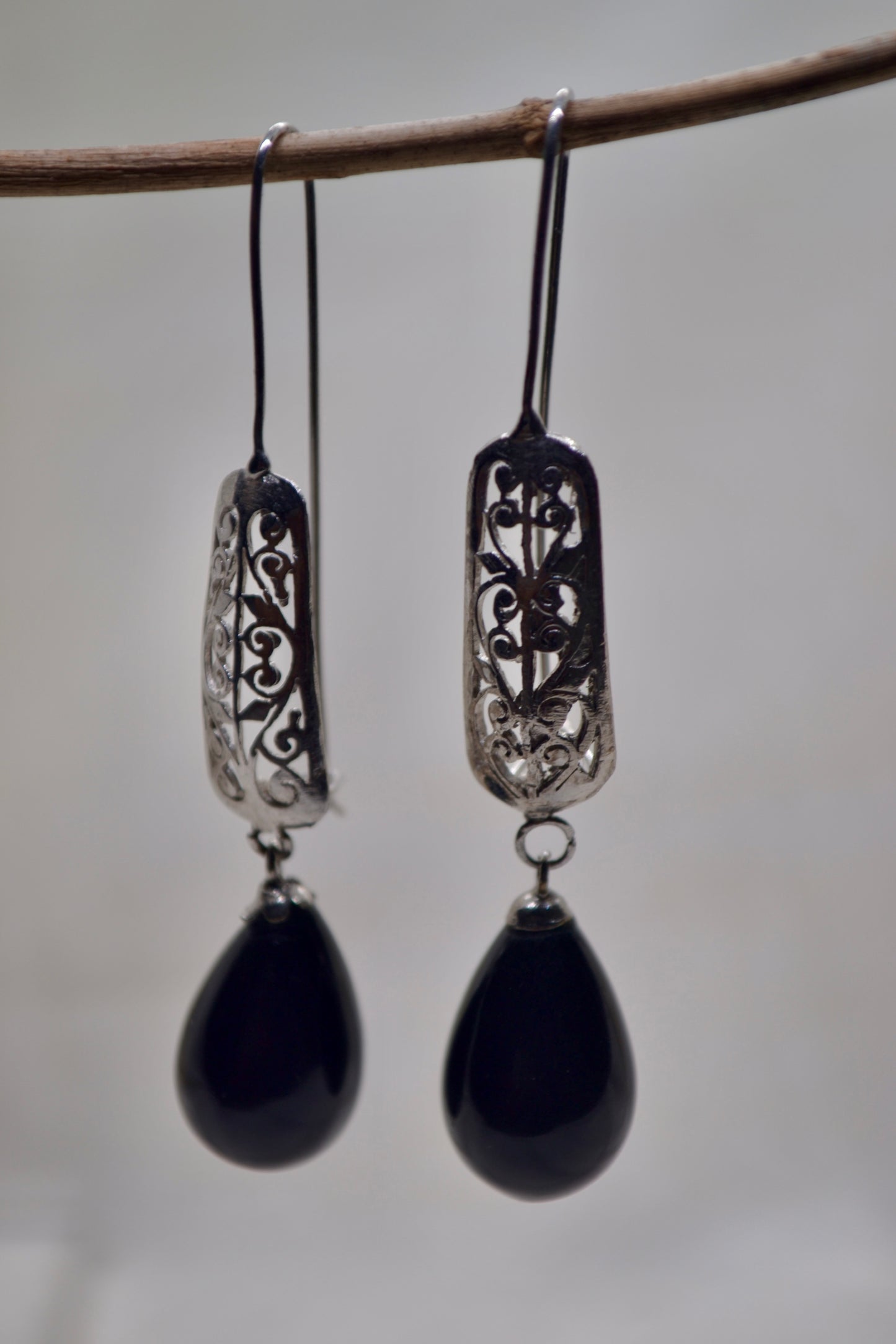 Black Coated Pearl Filigree Drop Earrings