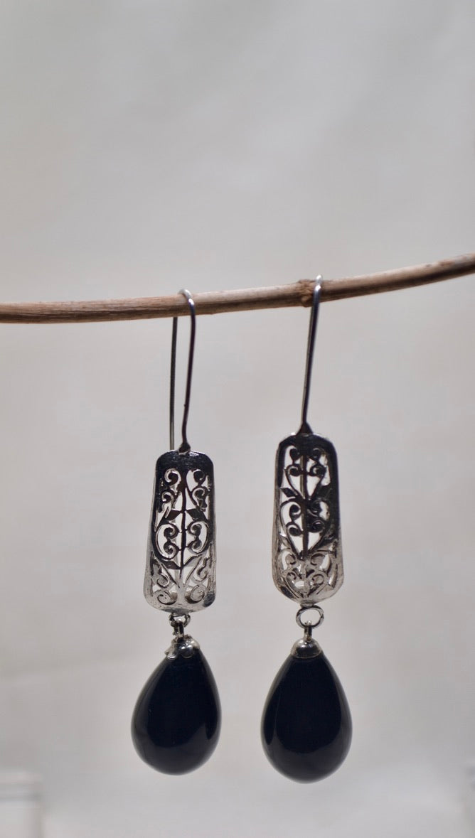 Black Coated Pearl Filigree Drop Earrings